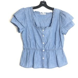 Madewell Chambray Ruffle-Sleeve Peplum Top Denim Medium Cottagecore Boho Blue